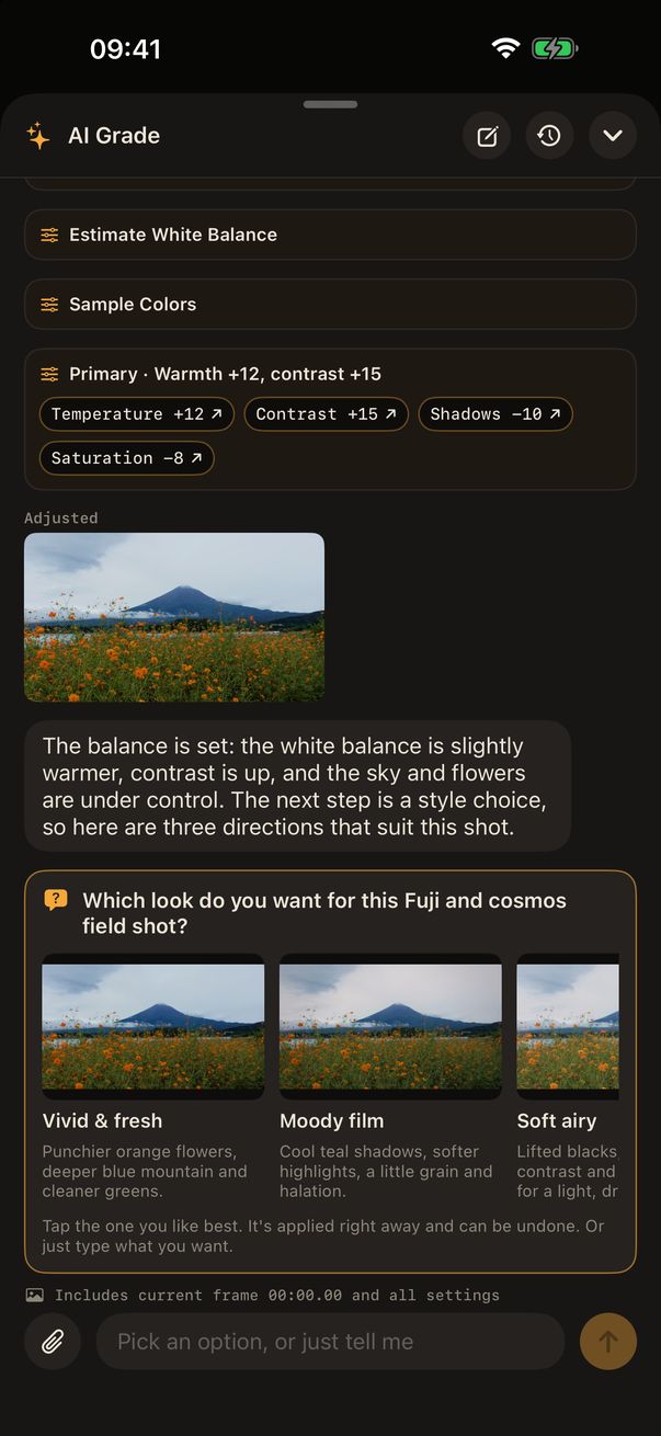 AI Grade asking which direction to take, with preview images of each option